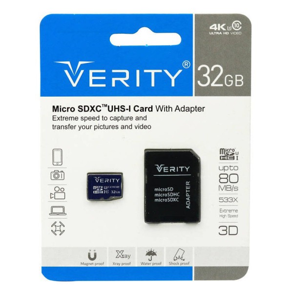 رم میکرو ۳۲ گیگ وریتی Verity U3 C10 80MB/s + خشاب
