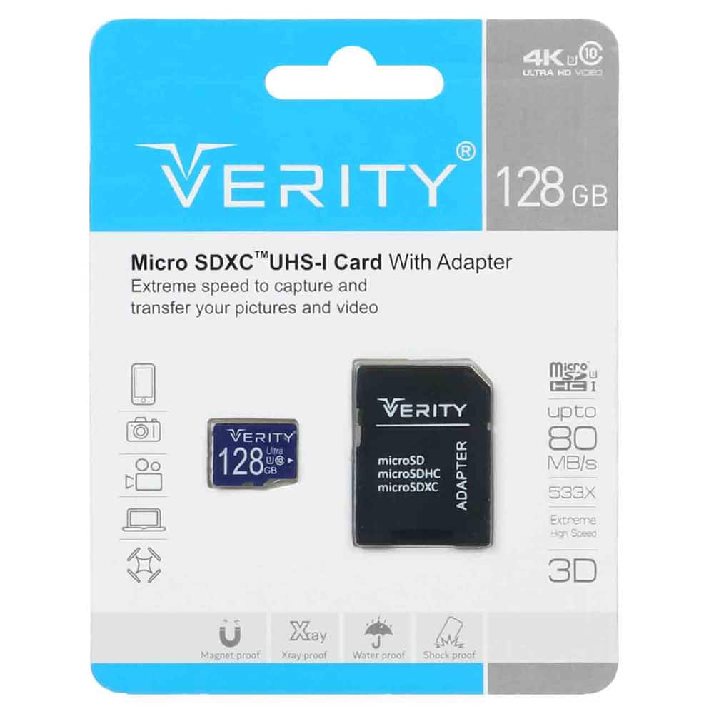 رم میکرو وریتی Verity microSDXC & adapter UHS-I U3 Class 10 Extreme-80MB/s-128GB