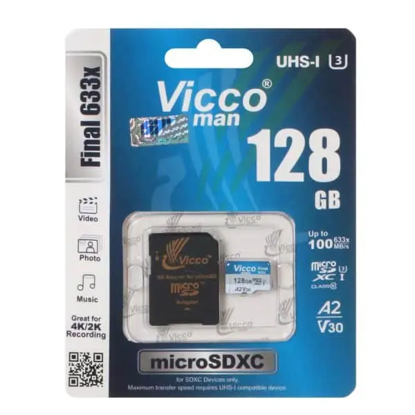 رم میکرو ویکومن Vicco man Final 633X microSDXC & adapter UHS-I U3 Class 10-100MB/s -128GB