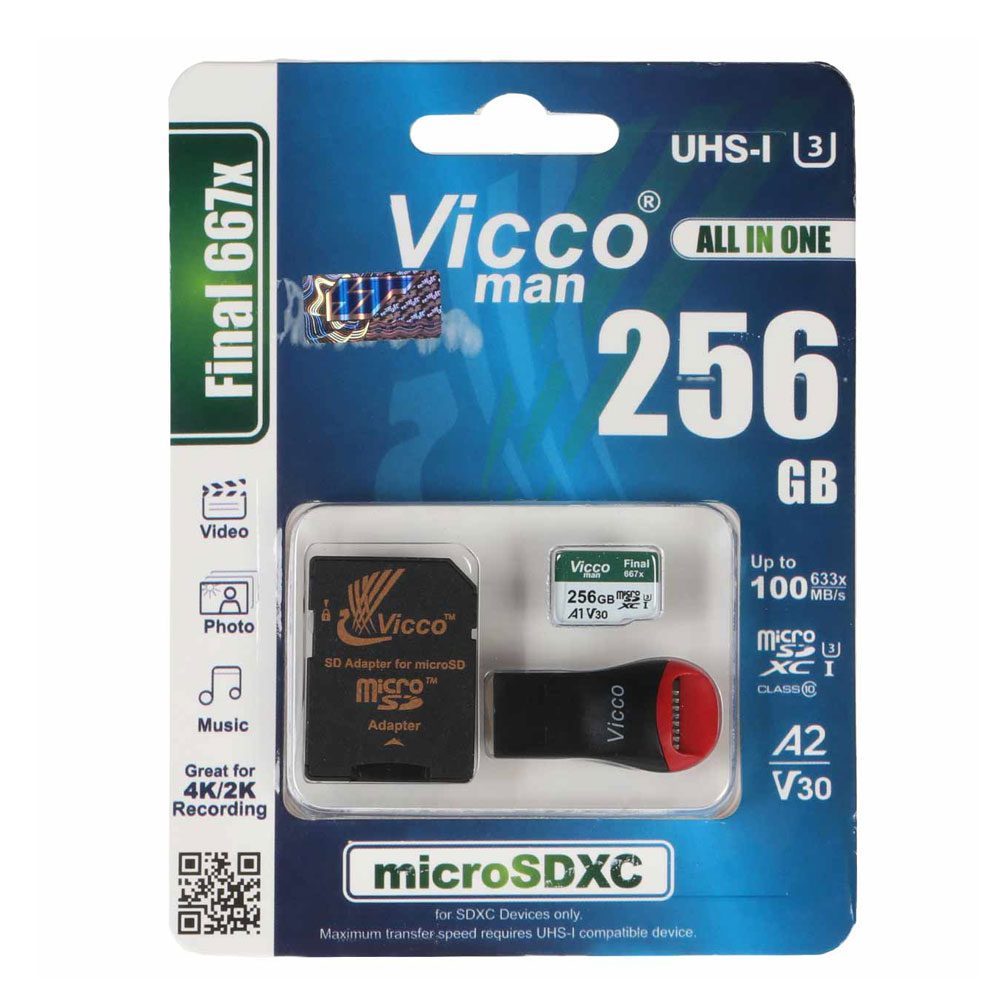 رم میکرو Vicco man Final 667X ALL IN ONE U3 microSDXC UHS-I Class10-100MB/s -256GB