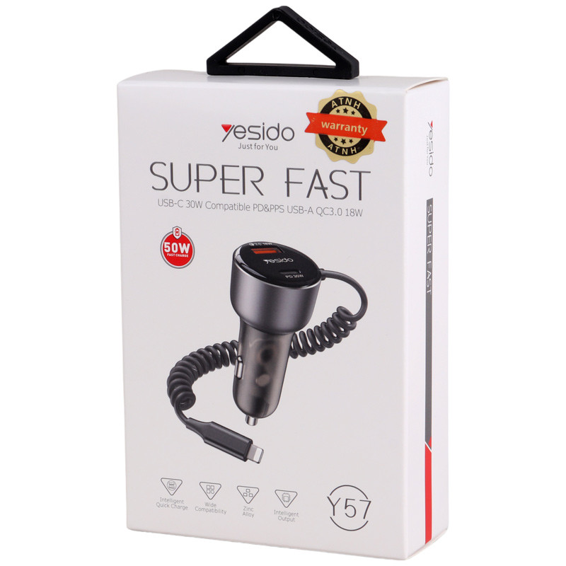شارژر فندکی 50 وات Yesido مدل Y57 به همراه کابل لایتنینگ