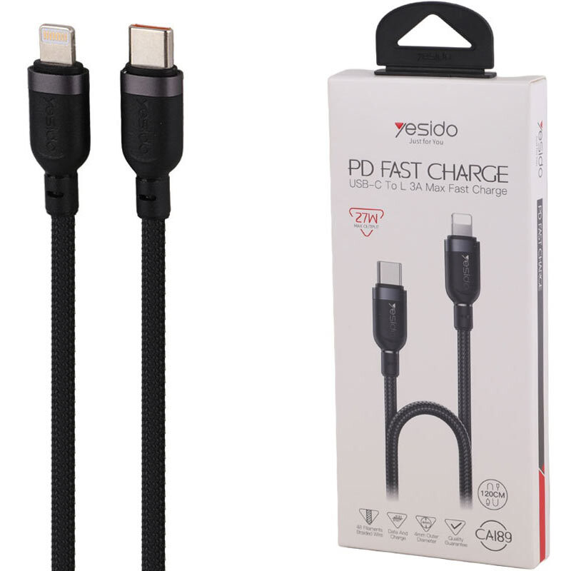 کابل تایپ سی به لایتنینگ فست شارژ 27 وات یسیدو YESIDO CA189 طول 1.2 متر